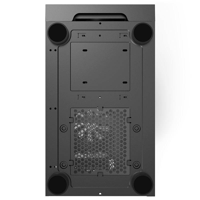 Underside of a black computer case with ventilation grille and four round feet positioned at the corners.