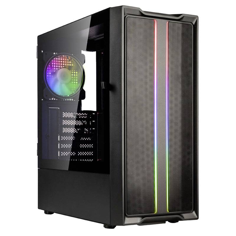Black computer case with a side viewing window and colourful LED lighting on the front, showcasing a modern and customisable style.