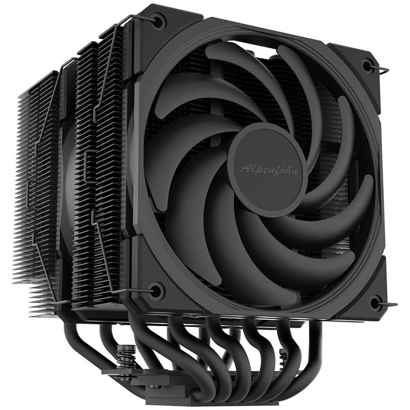 A large, black CPU cooler with multiple heat pipes and a fan for cooling electronic components.