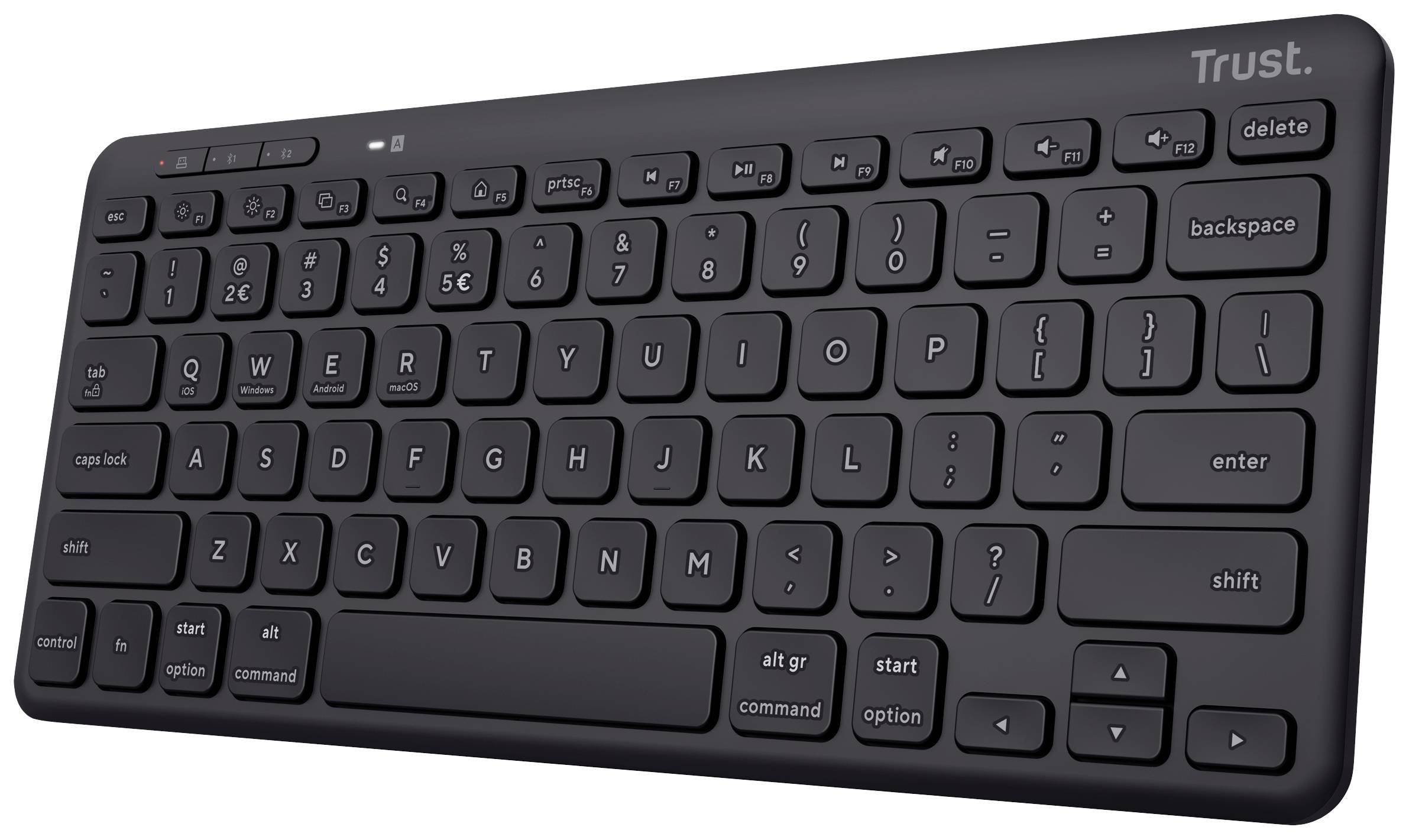 Wireless black keyboard by Trust with QWERTZ layout and function keys.
