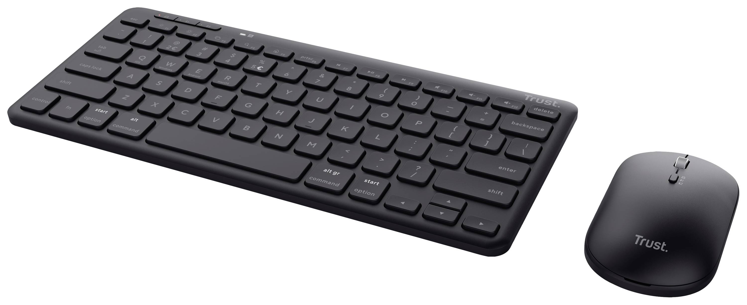 Wireless black keyboard and mouse by Trust on a white background. Perfect for office applications and home office environments.
