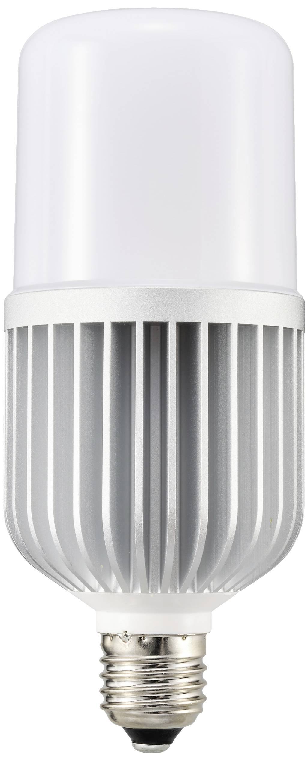 A modern LED light bulb with a silver heatsink and E27 bayonet fitting, suitable for energy-efficient lighting.