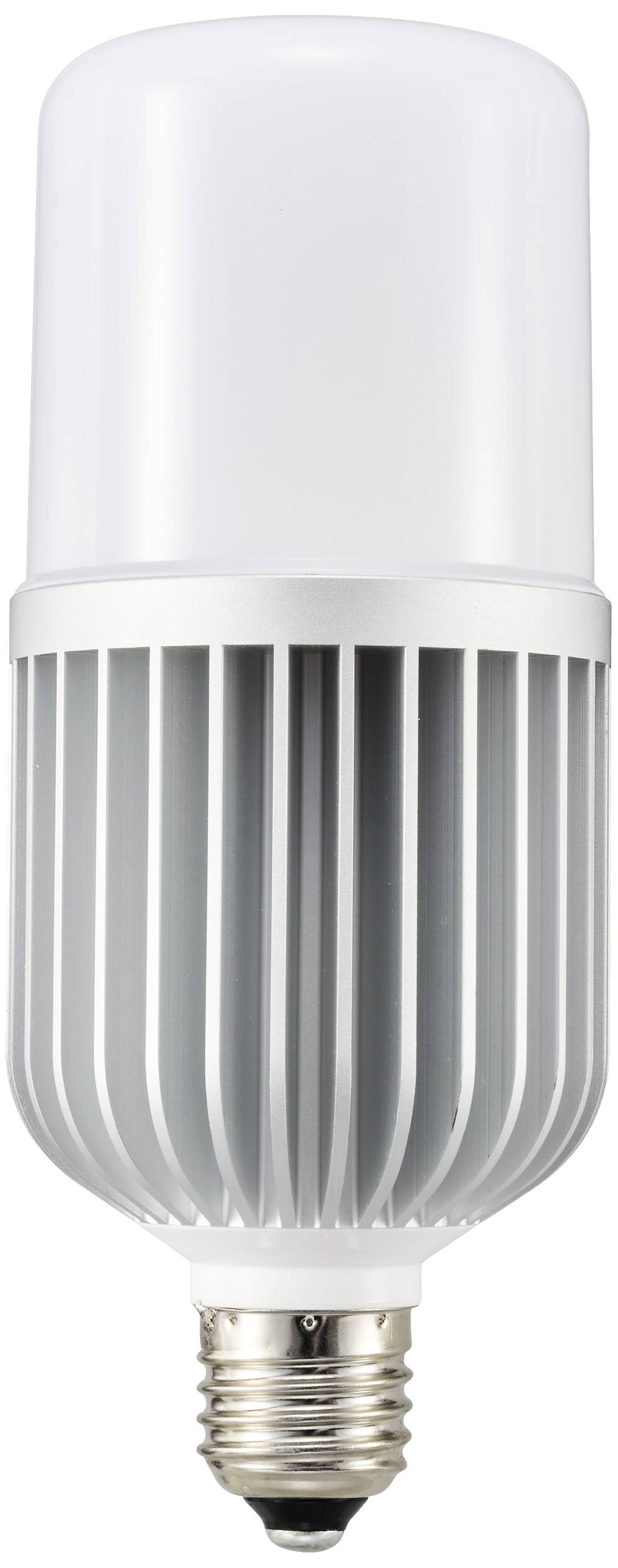 A modern LED lamp with an E27 Edison screw base and heat sinks for improved heat dissipation. Ideal for energy-efficient lighting.
