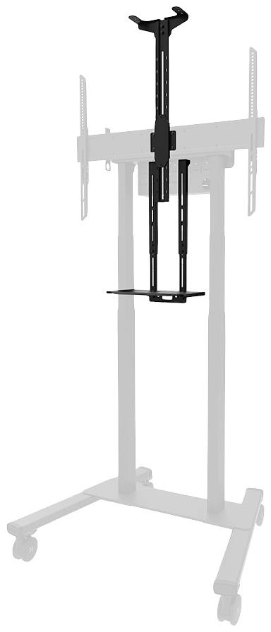 A height-adjustable TV mount for mobile TV stands, black, with two vertical rails and a mounting platform.