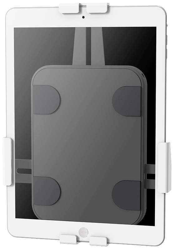 Tablet in a white holder, positioned vertically. The holder has four white clips at the corners to securely hold the device.