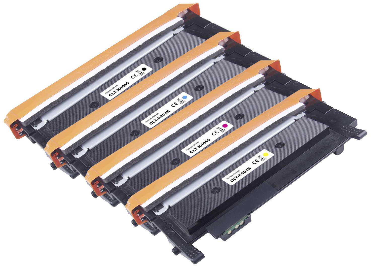 Four printer cartridges in black, magenta, cyan and yellow lined up side by side.
