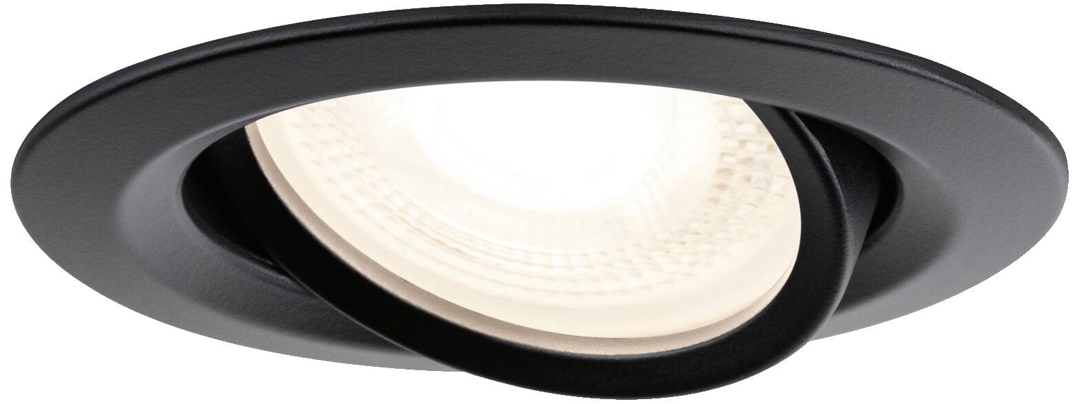 Black recessed spotlight with adjustable, round LED light. Energy-efficient lighting, suitable for modern interiors.