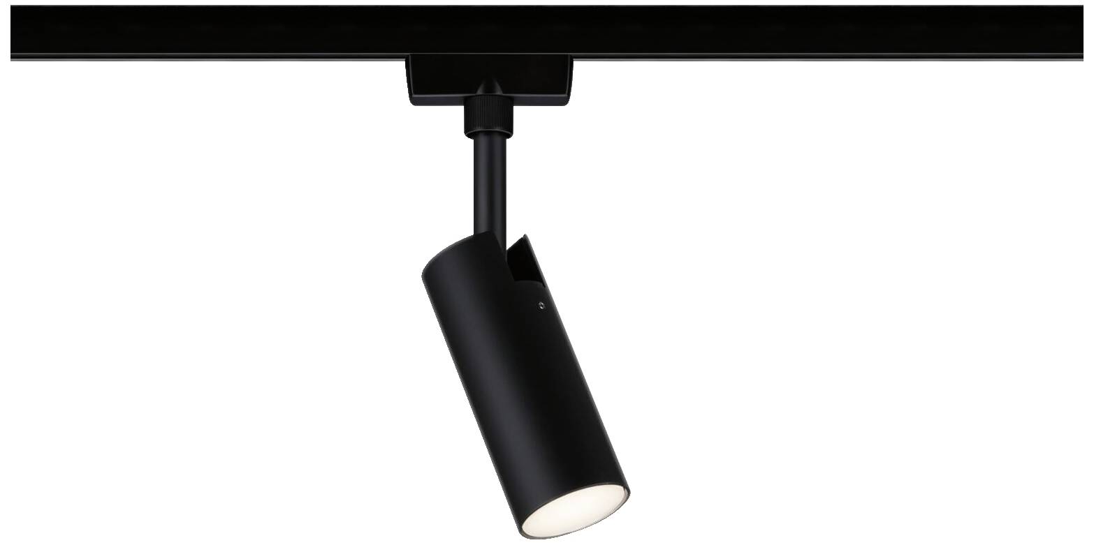 Black cylindrical spotlight on a rail, shining downwards. Ideal for highlighting areas or objects in the room.