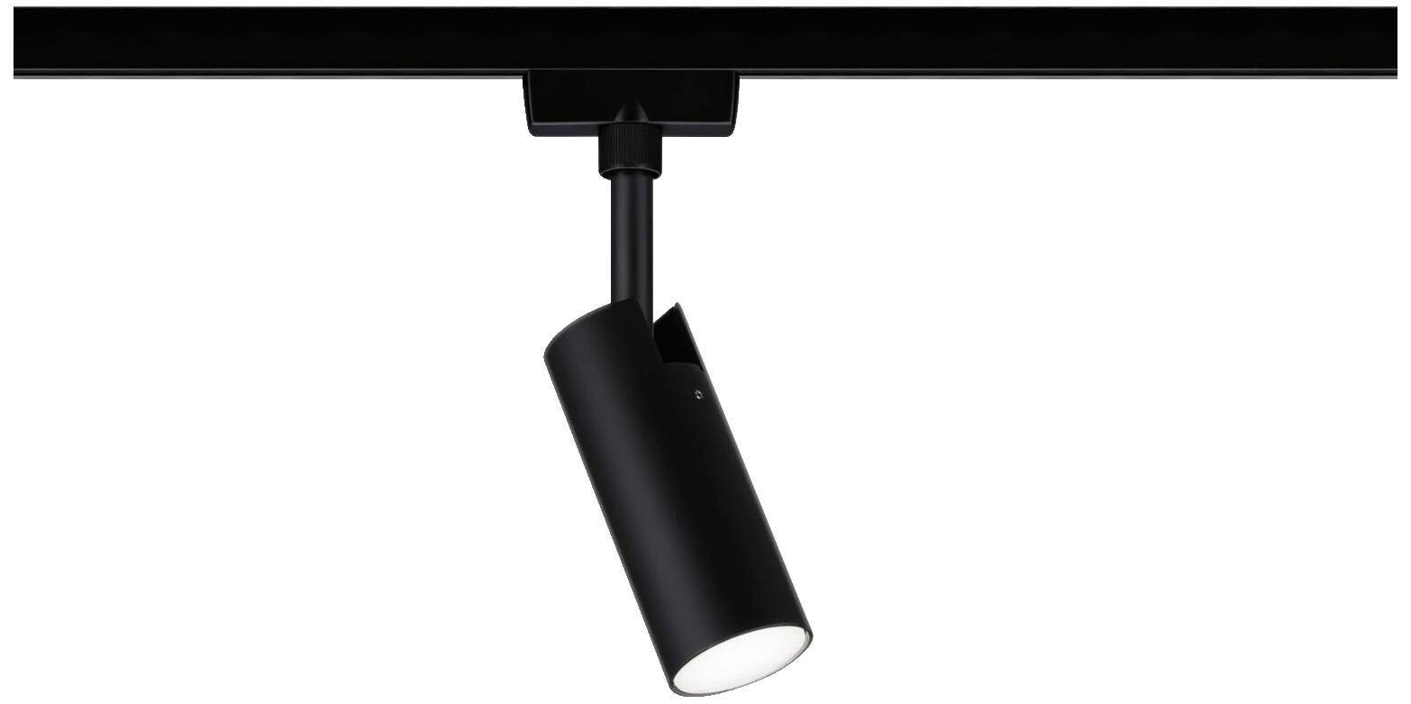 A black ceiling spotlight mounted on a track rail, angled downwards. Suitable for directional lighting.