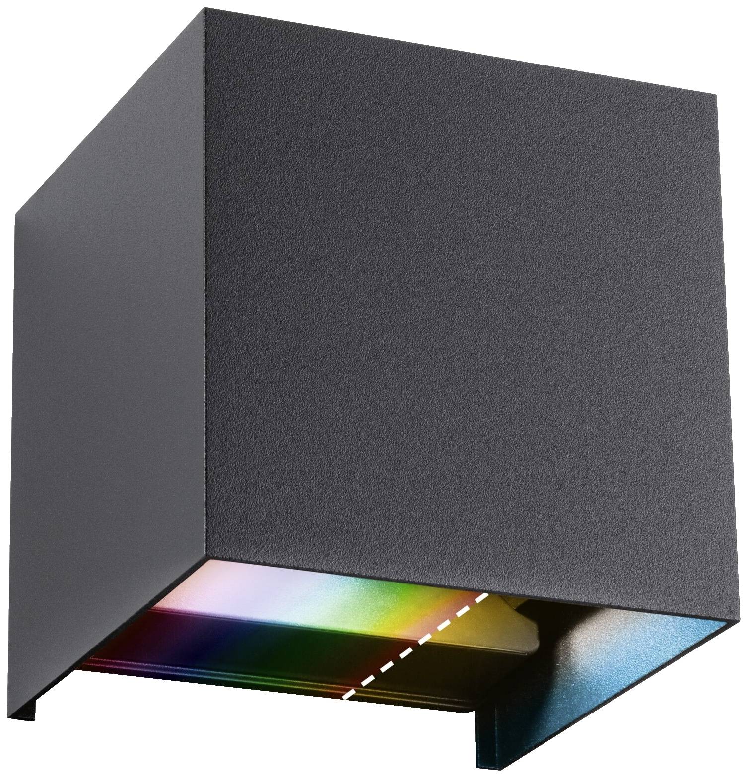 Black wall lamp with a rectangular housing. Soft rainbow colours gently illuminate from below, creating a decorative light accent.
