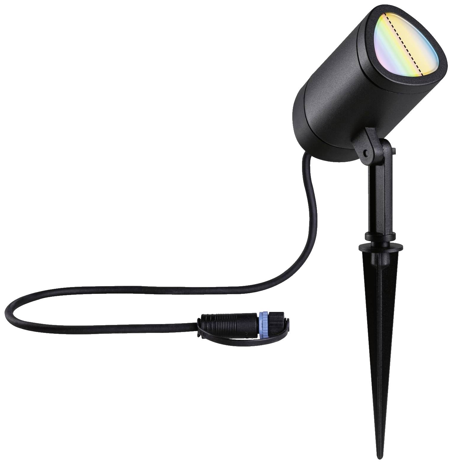 LED ground spike spotlight, black housing, colour-changing light. With power cable and plug, suitable for outdoor use.