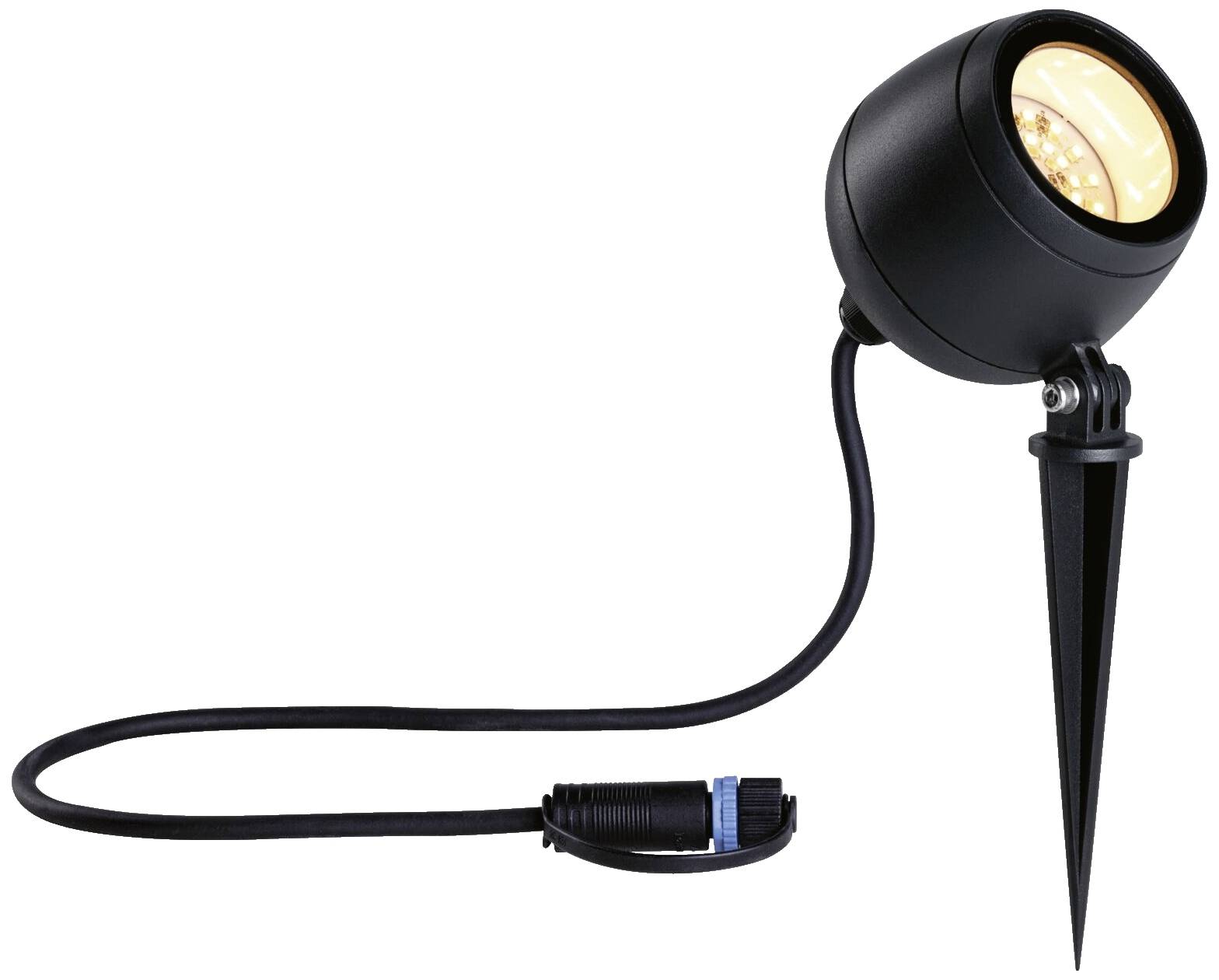 Black garden spotlight with ground spike and cable, suitable for outdoor lighting.
