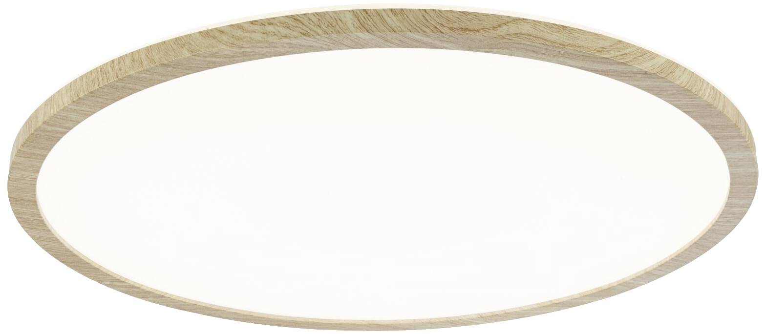 Round ceiling light with wooden rim, modern design, soft light diffusion.