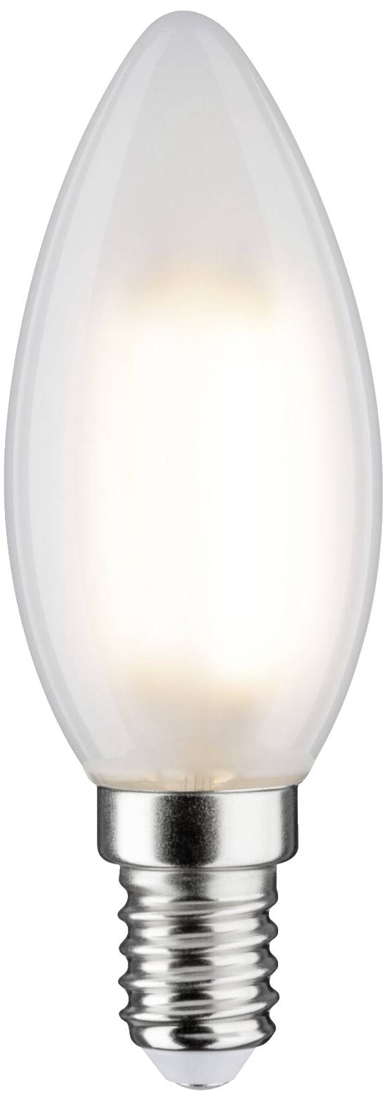 A white, candle-shaped light bulb with a silver base, emitting a warm white light. Suitable for decorative lighting.