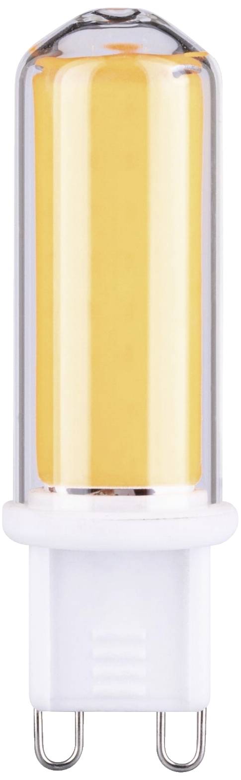 A switched-on, cylindrical halogen lamp with a G9 base and an orange-coloured lighting element.