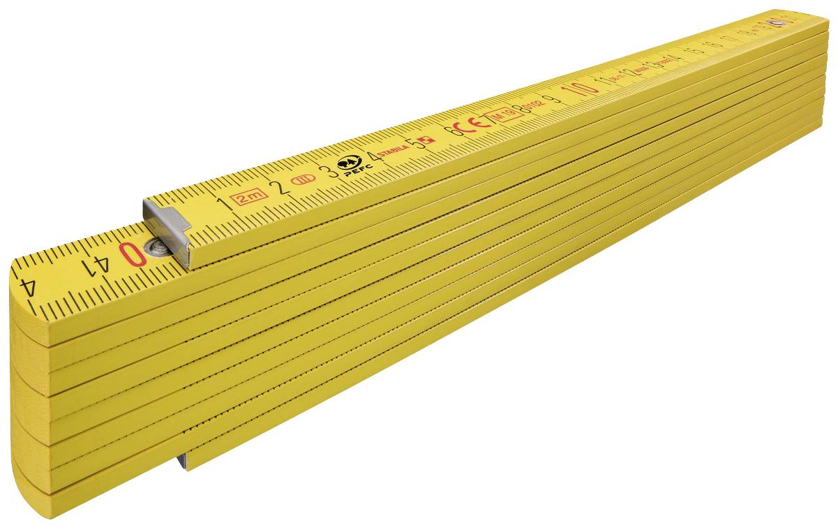 Yellow wooden folding ruler, spread out, showing centimetre and millimetre markings.