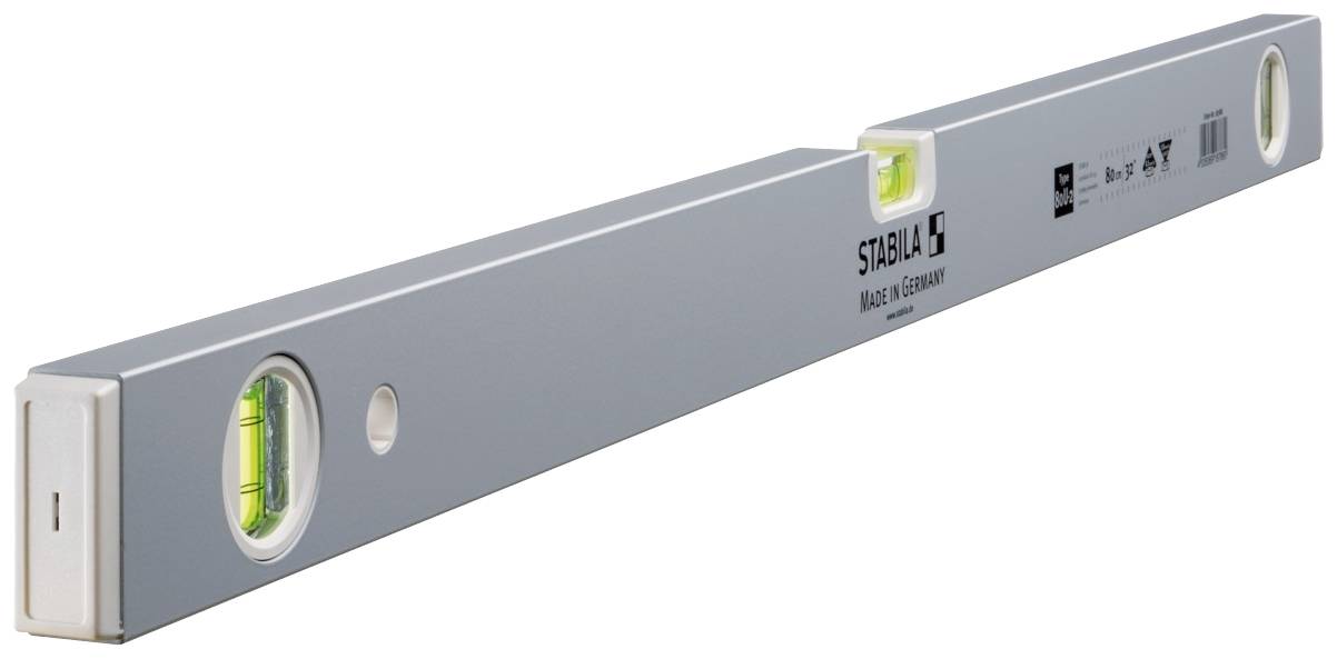 Metal spirit level with two integrated bubble vials for precise measurement of horizontal and vertical planes.