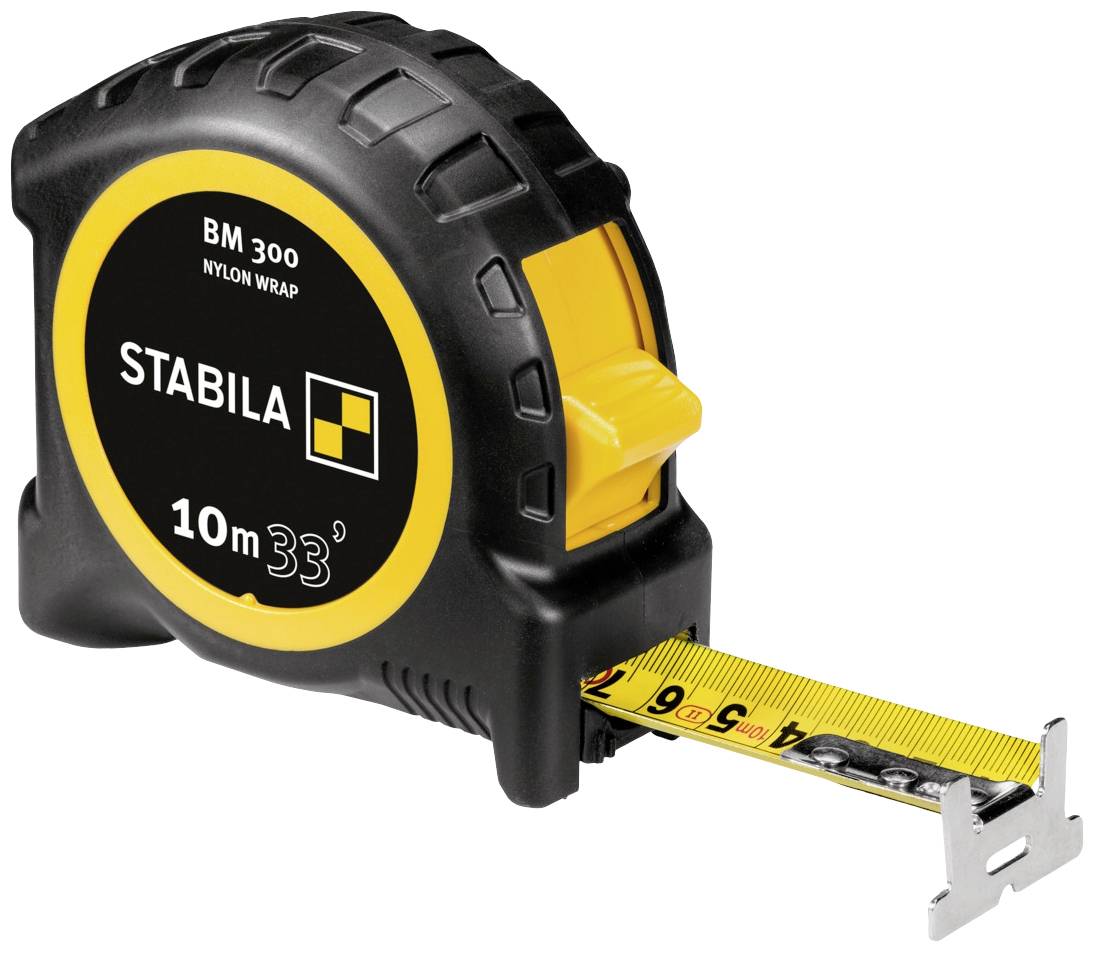 A measuring tape with the inscription 'Stabila BM 300', length 10m, yellow and black design, extended to 6.5 cm, surrounded by a robust casing.