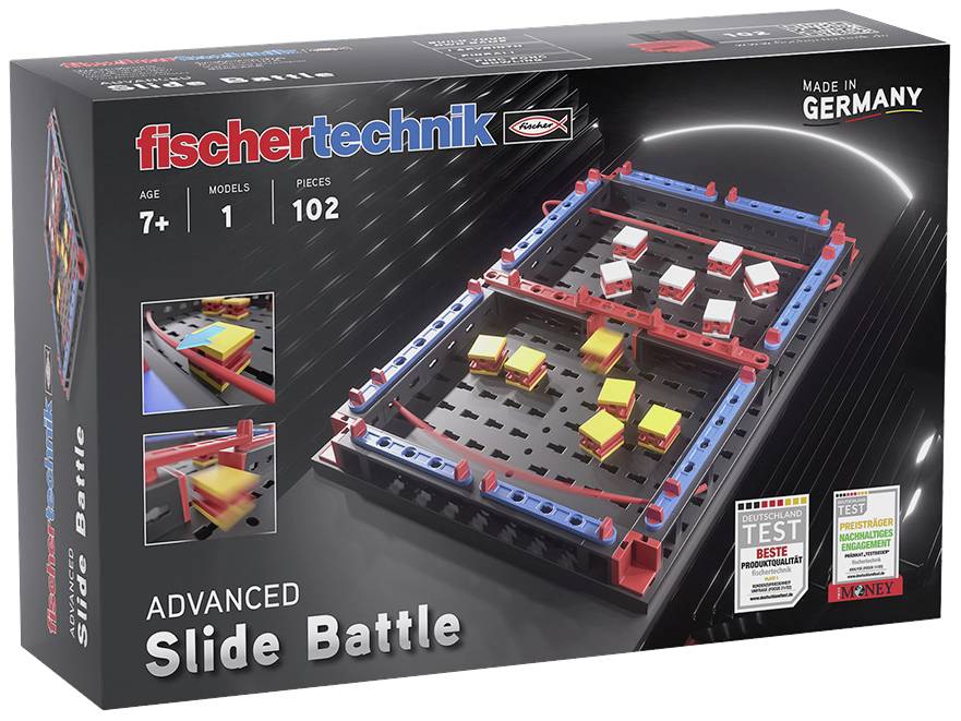A fischertechnik toy box with the 'Advanced Slide Battle' set, suitable for children aged 7 and above, contains 102 pieces.