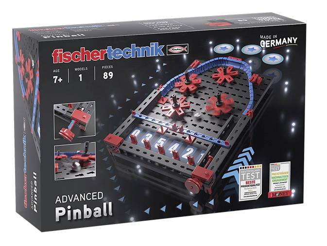 'Fischertechnik Advanced Pinball' Construction Kit for children aged 7 and above, 89 pieces, for creating a pinball game, manufactured in Germany.