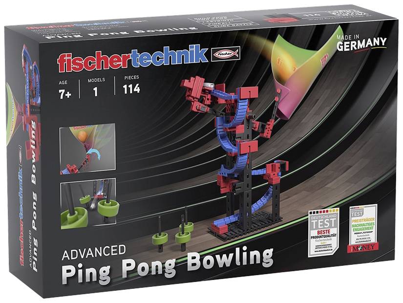 'Fischertechnik Advanced Ping Pong Bowling' Construction Kit for children aged 7 and above, contains 114 pieces to build a bowling game model.