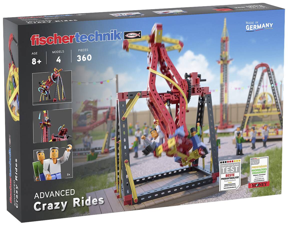 'Fischertechnik Advanced Crazy Rides' Set for Children Aged 8 and Above, Contains 360 Pieces for 4 Models, with an Amusement Park in the Background.