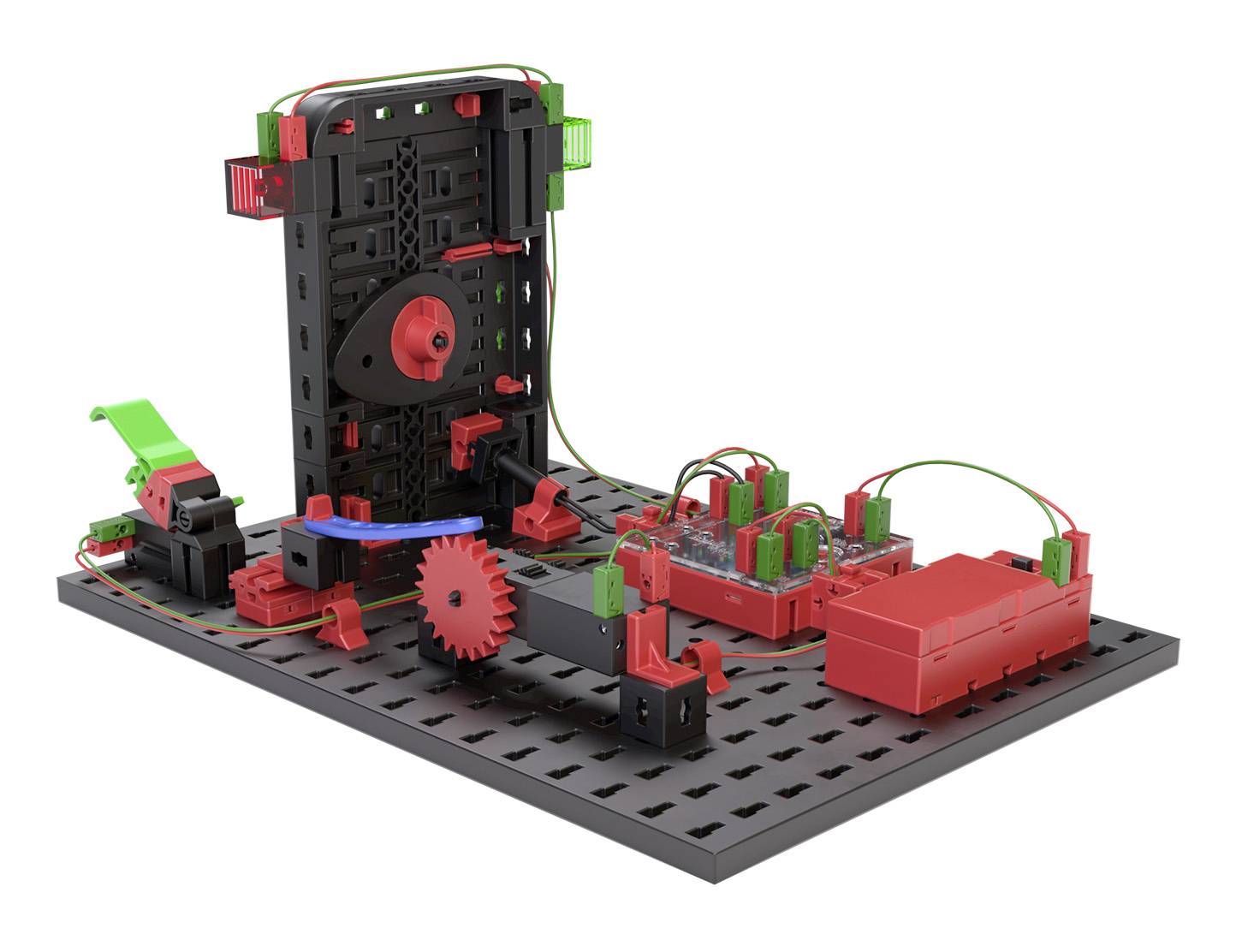 Experimental kit with red and green electronic components on a black base. Contains gears, switches, and cables.