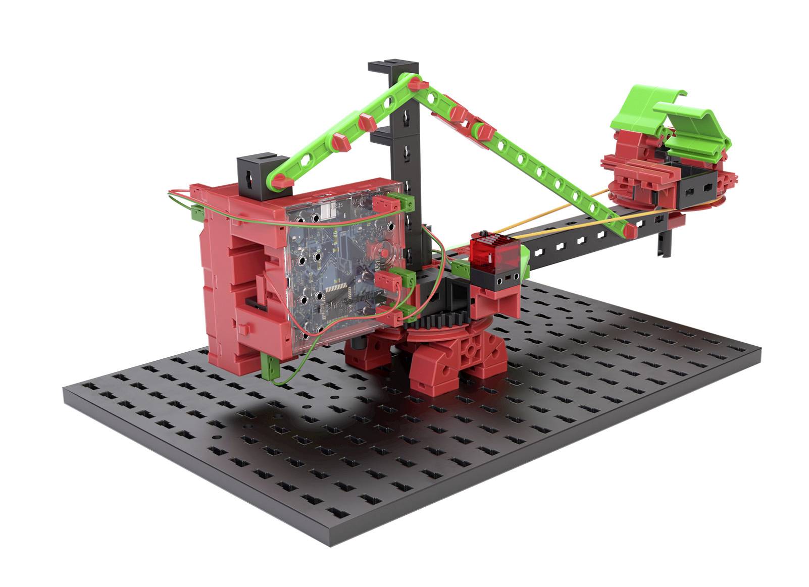 Model of a mechanical excavator in Red, Green and Black on a perforated base plate.