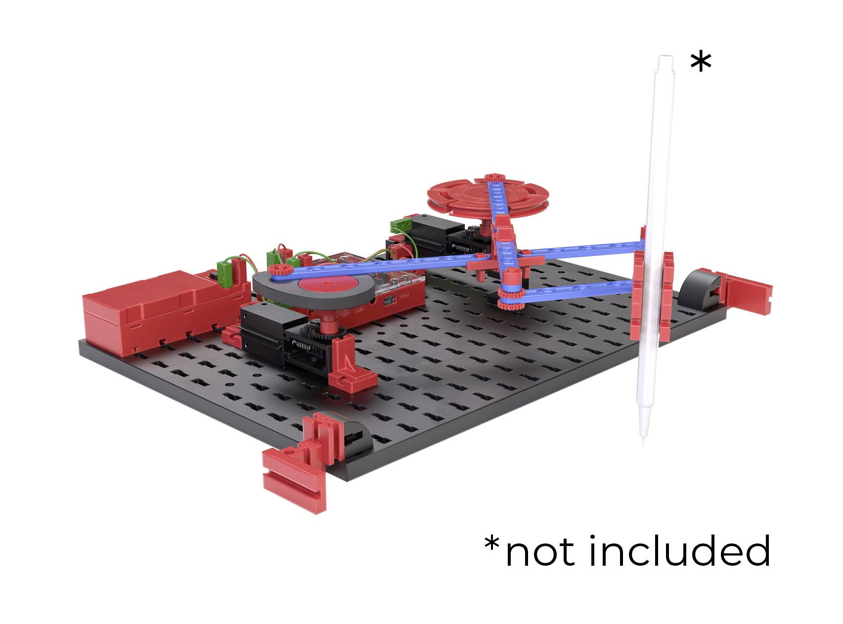 A construction toy with a gear mechanism on a black plate. An arrow points to a white pin that is not included.