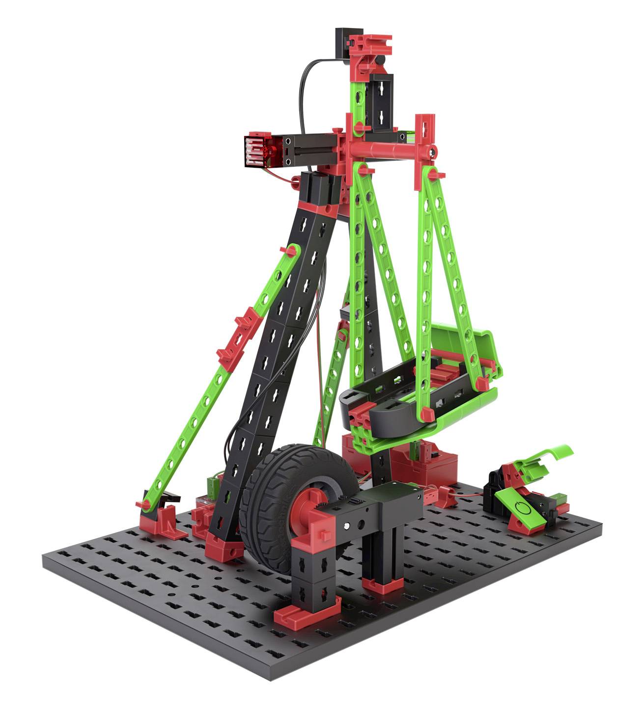 A model of a catapult made from red and green components on a black base, demonstrating levers and counterweight in a technical representation.