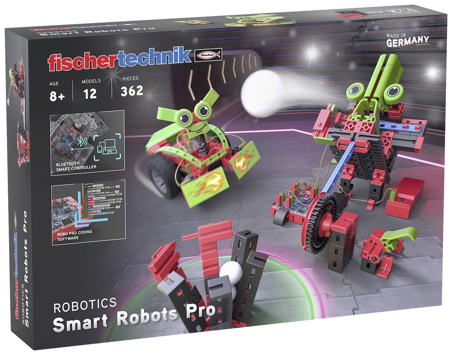 A toy packaging shows two coloured robots made from building blocks, suitable for children aged 8 and over, with 12 models and 362 pieces.