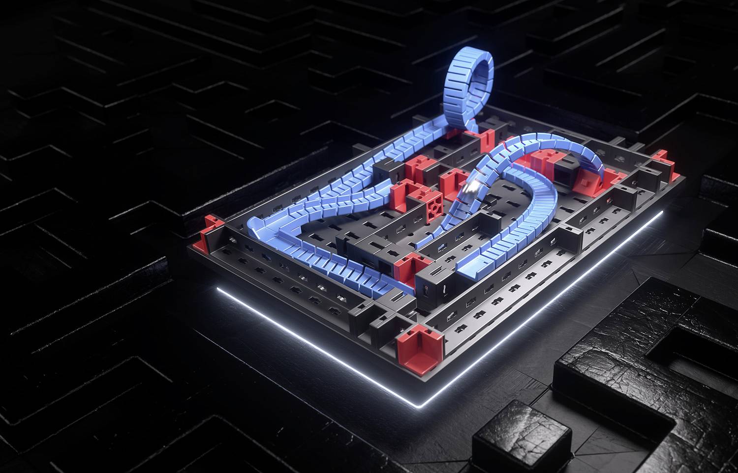 A 3D circuit board with blue and red elements on a glowing black background, displaying complex structures.