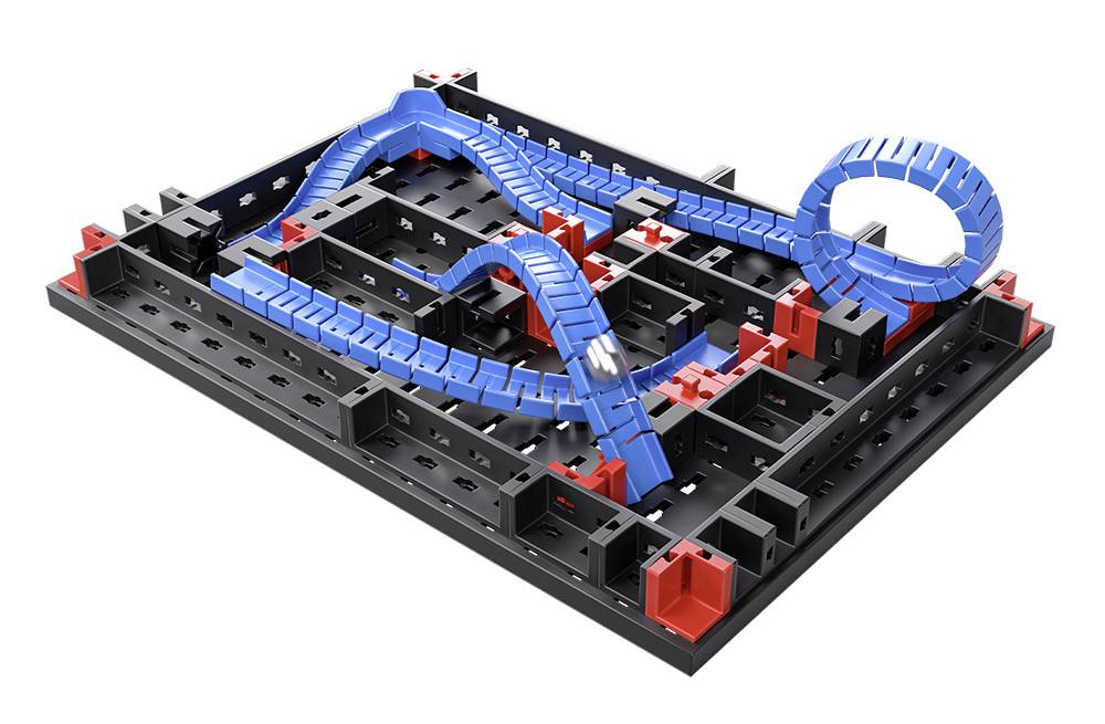 A maze game with blue and red lines on a black board. A blue loop and several paths are visible.