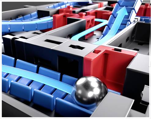 A maze game with a blue marble run and a silver marble guided through red and blue barriers.