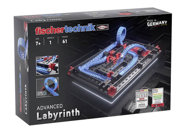 An 'Advanced Labyrinth' construction kit box from fischertechnik featuring a blue labyrinth model, designed for children aged 7 and over.