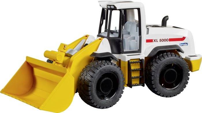 Toy loader with a yellow bucket and large black tyres, model 'XL 5000', on a white background.