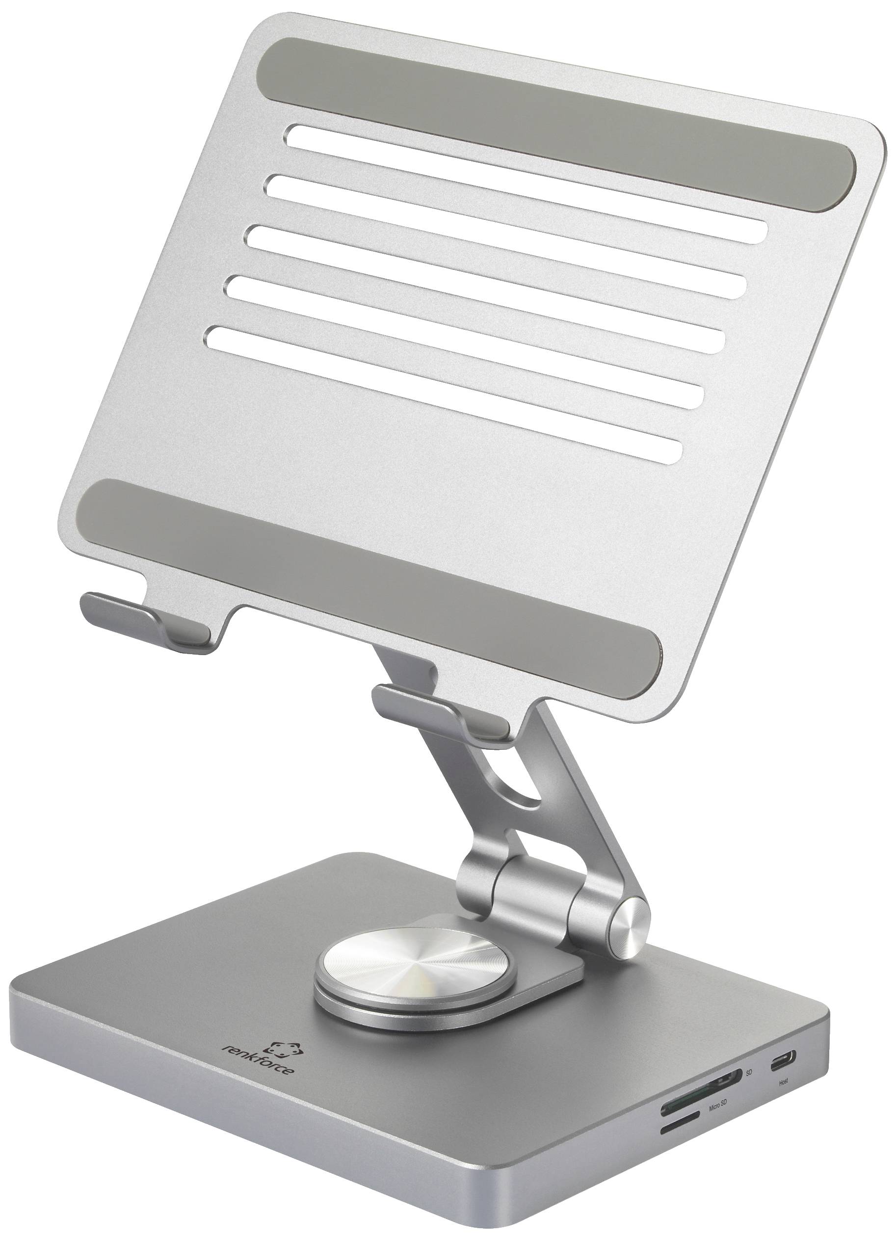 Metal laptop desk stand, height-adjustable with rotary knob, ventilation slots, for improved ergonomics.