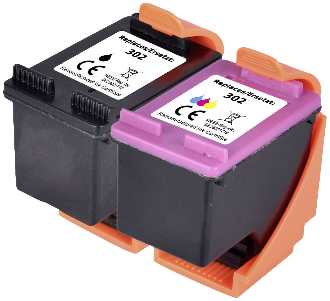 Printer cartridges in black and colour, with labels 'Replaces Encre 302' and recycling symbol, on an orange holder.