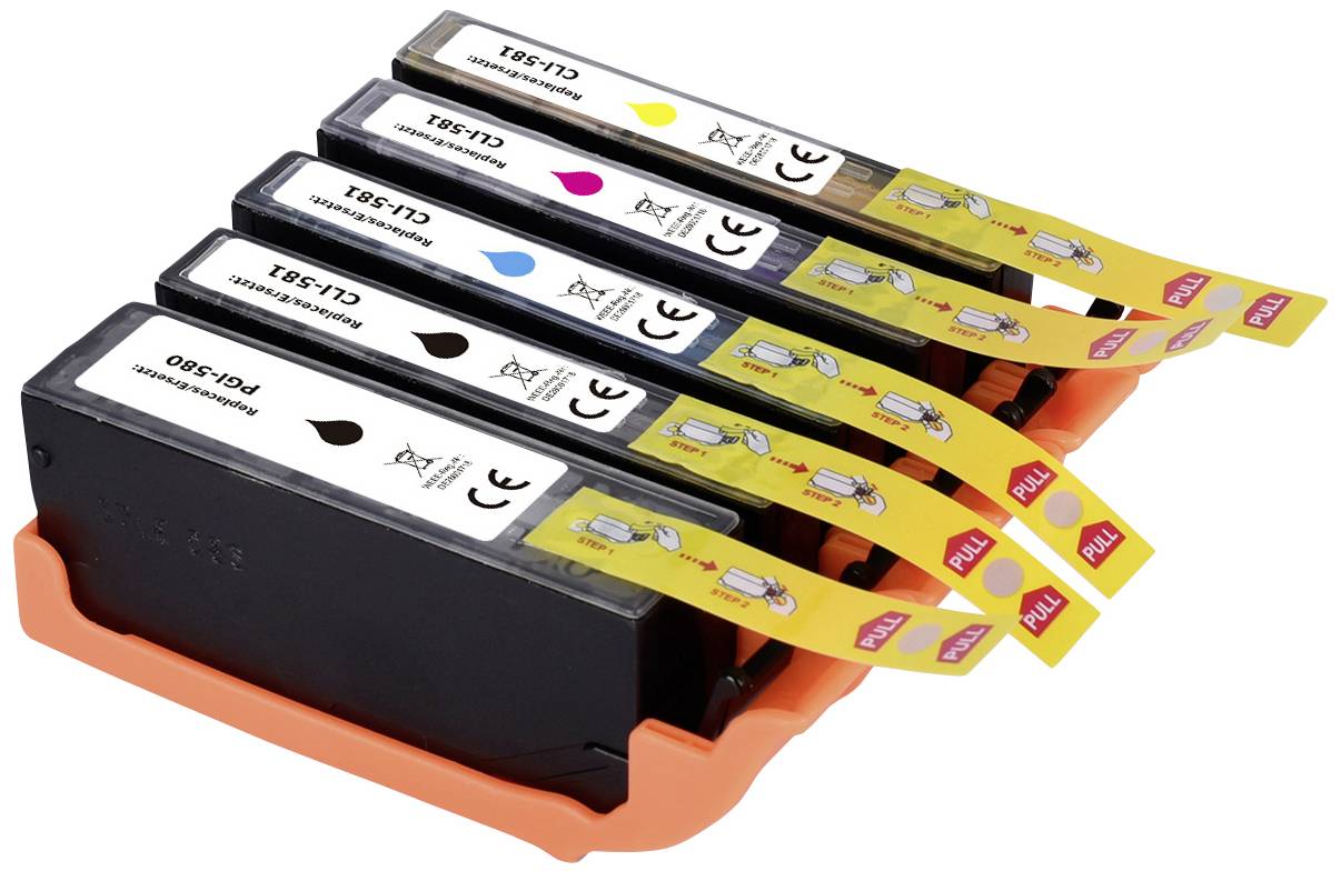 Five ink cartridges for a printer in a holder, sorted by colour: Black, Cyan, Magenta, Yellow and Photo Black.