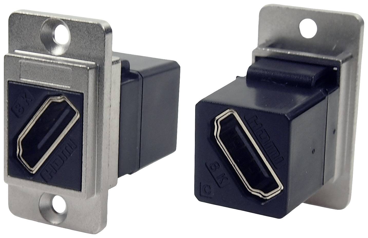 Two HDMI sockets in a metal and plastic housing, positioned side by side.