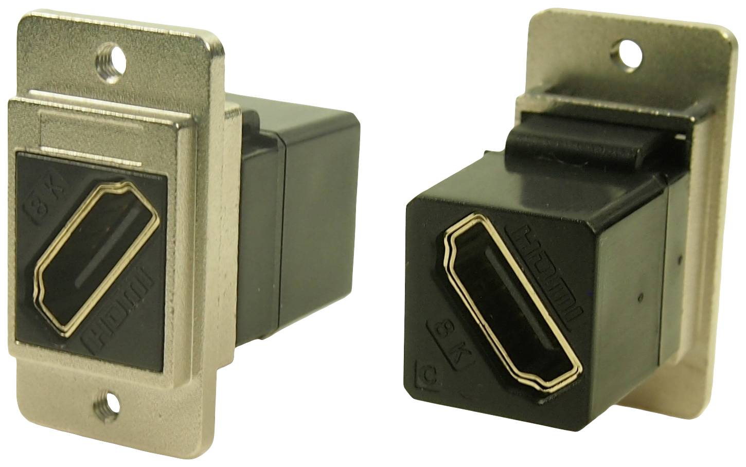 Two HDMI sockets in metal housings, suitable for installation in devices or wall panels.