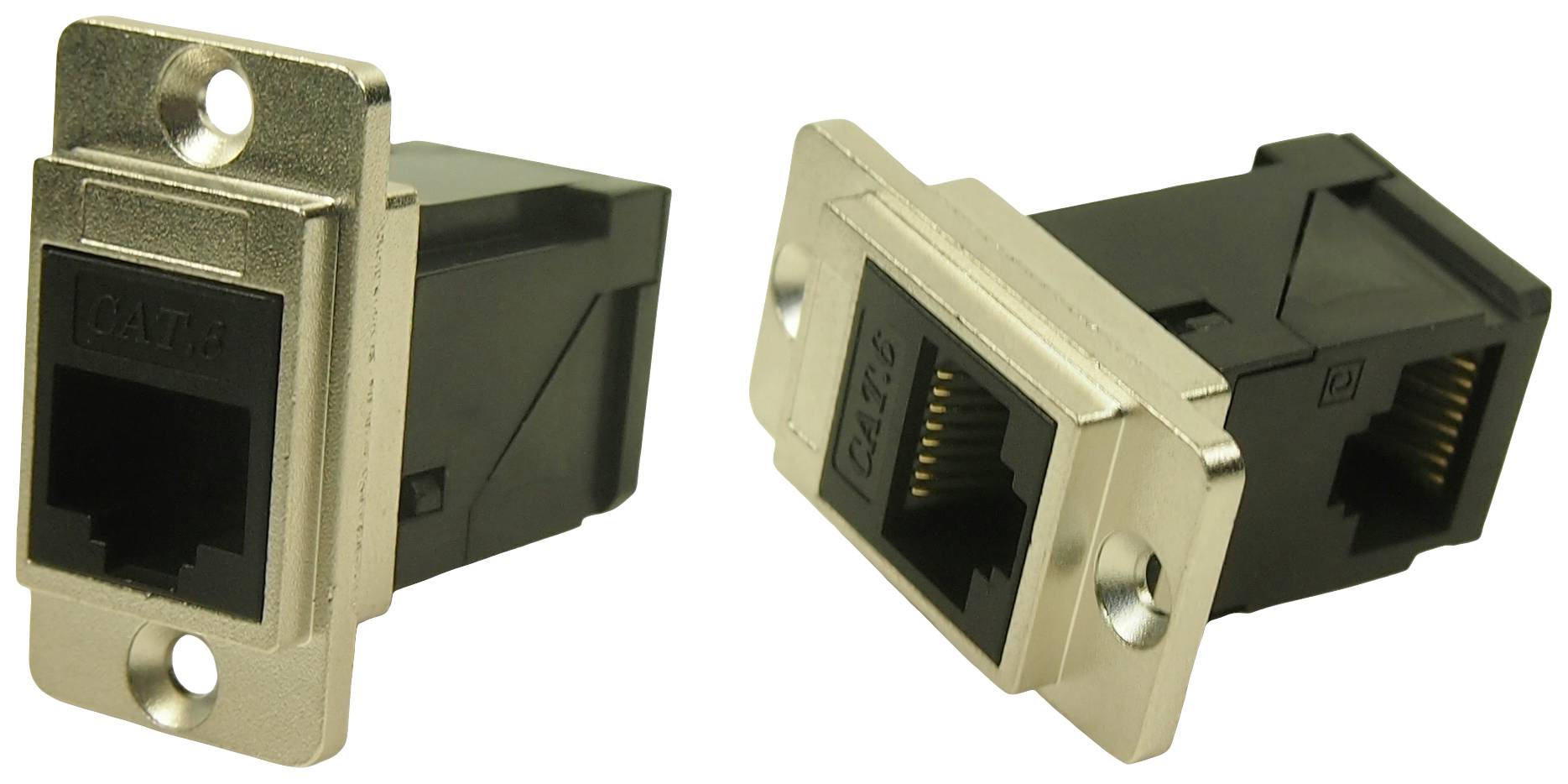 Two RJ45 network sockets, one aligned to the left, the other to the right. Silver frame with black connection area.