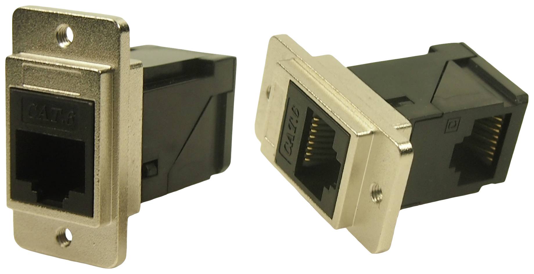 Two RJ45 network socket ports, mounted in rectangular metal housings, display the connections with visible contact pins.