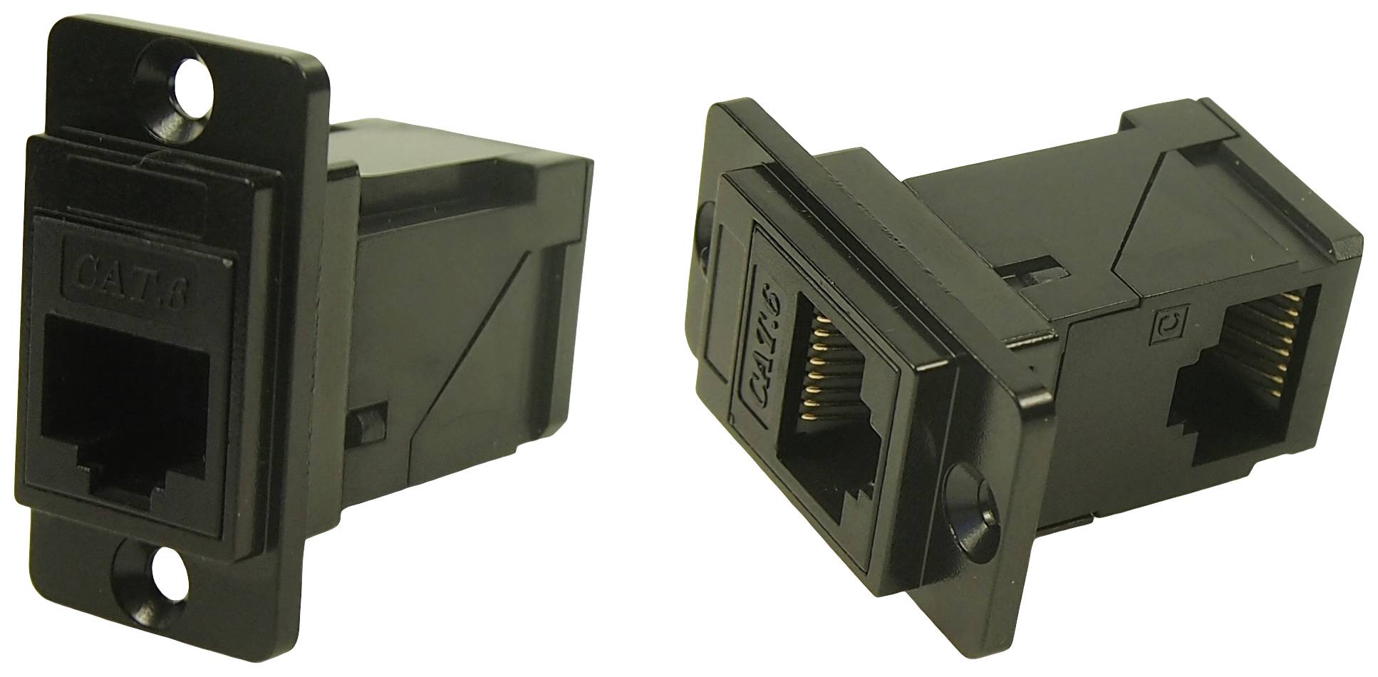 Two black RJ45 socket adapters, one shown frontally, the other from the side, for wall mounting.