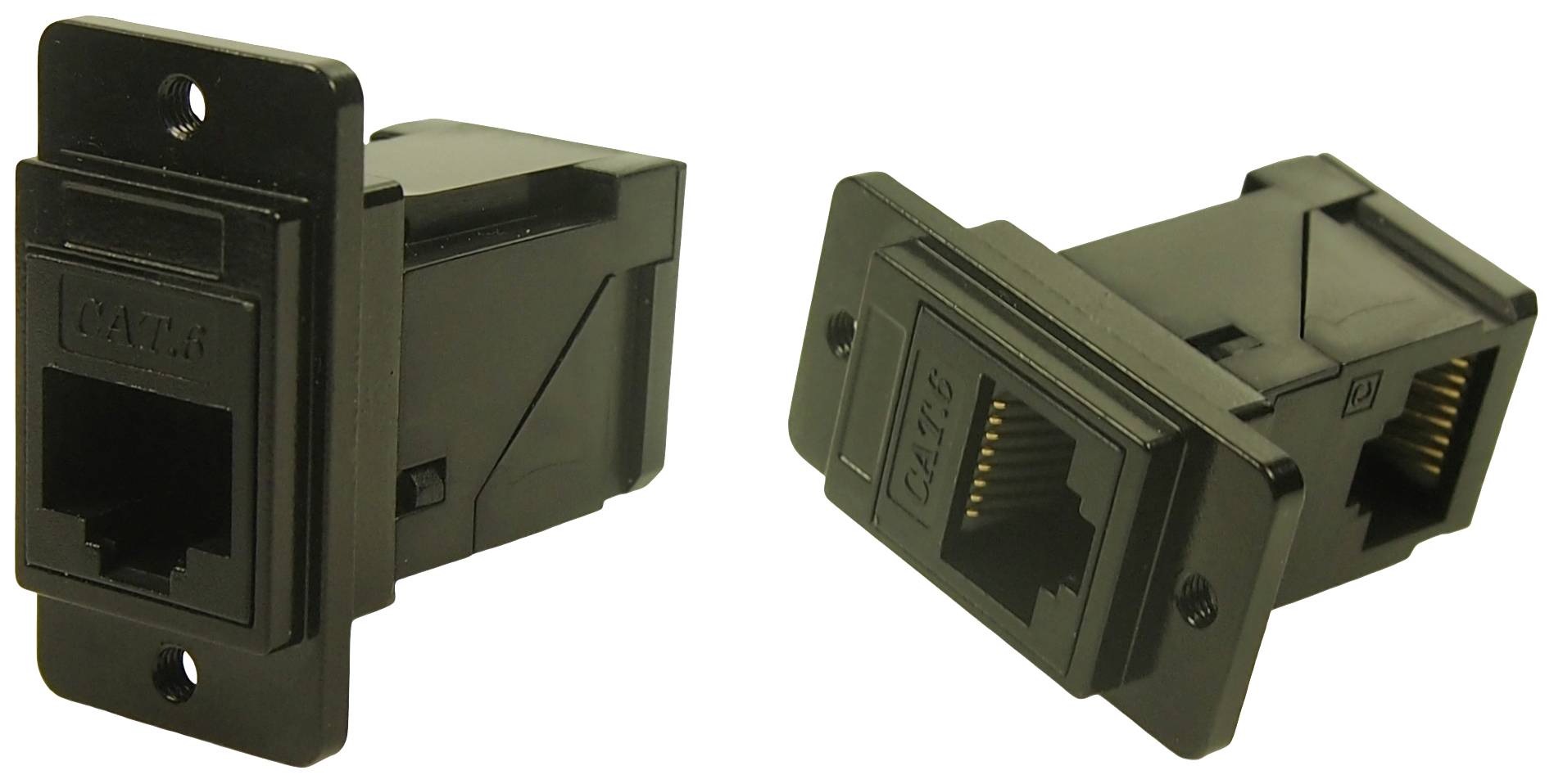 Two black CAT.6A network couplings side by side, suitable for Ethernet connections. Both showing their ports and mounting options.