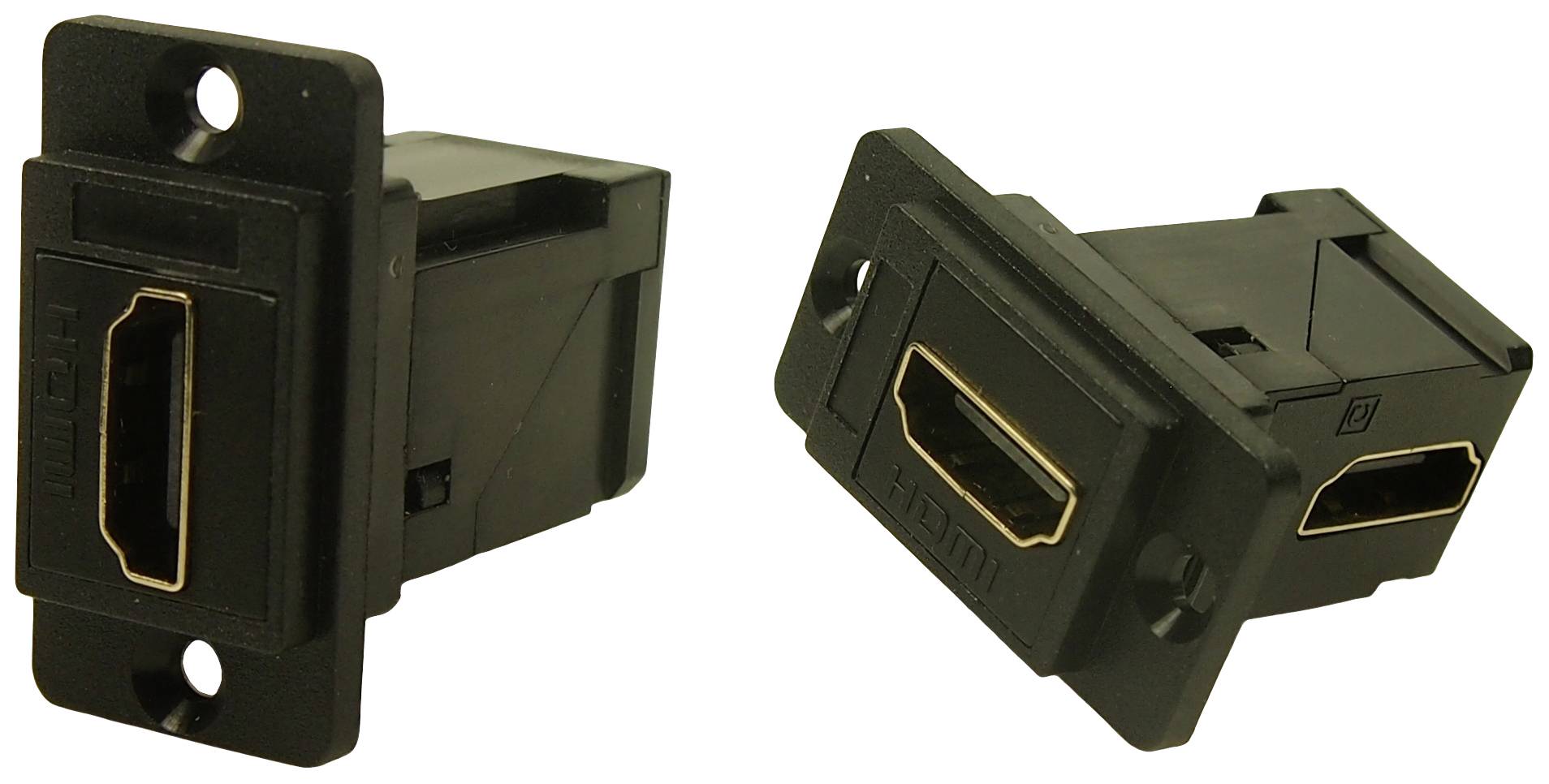 Two black HDMI coupling sockets in close-up, one standing, the other lying down. Both have a golden HDMI connection opening.