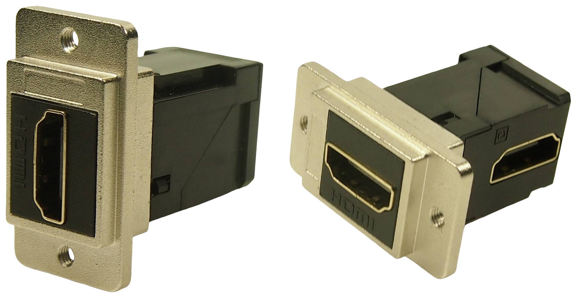 Two HDMI wall sockets in silver and black, positioned side by side, for connecting HDMI cables to devices.