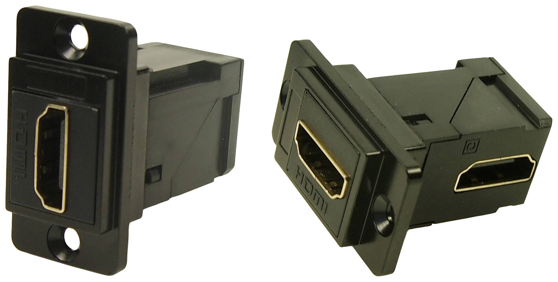 Two black plastic HDMI panel-mount sockets with gold-plated connections, arranged at right angles, suitable for panel installation.