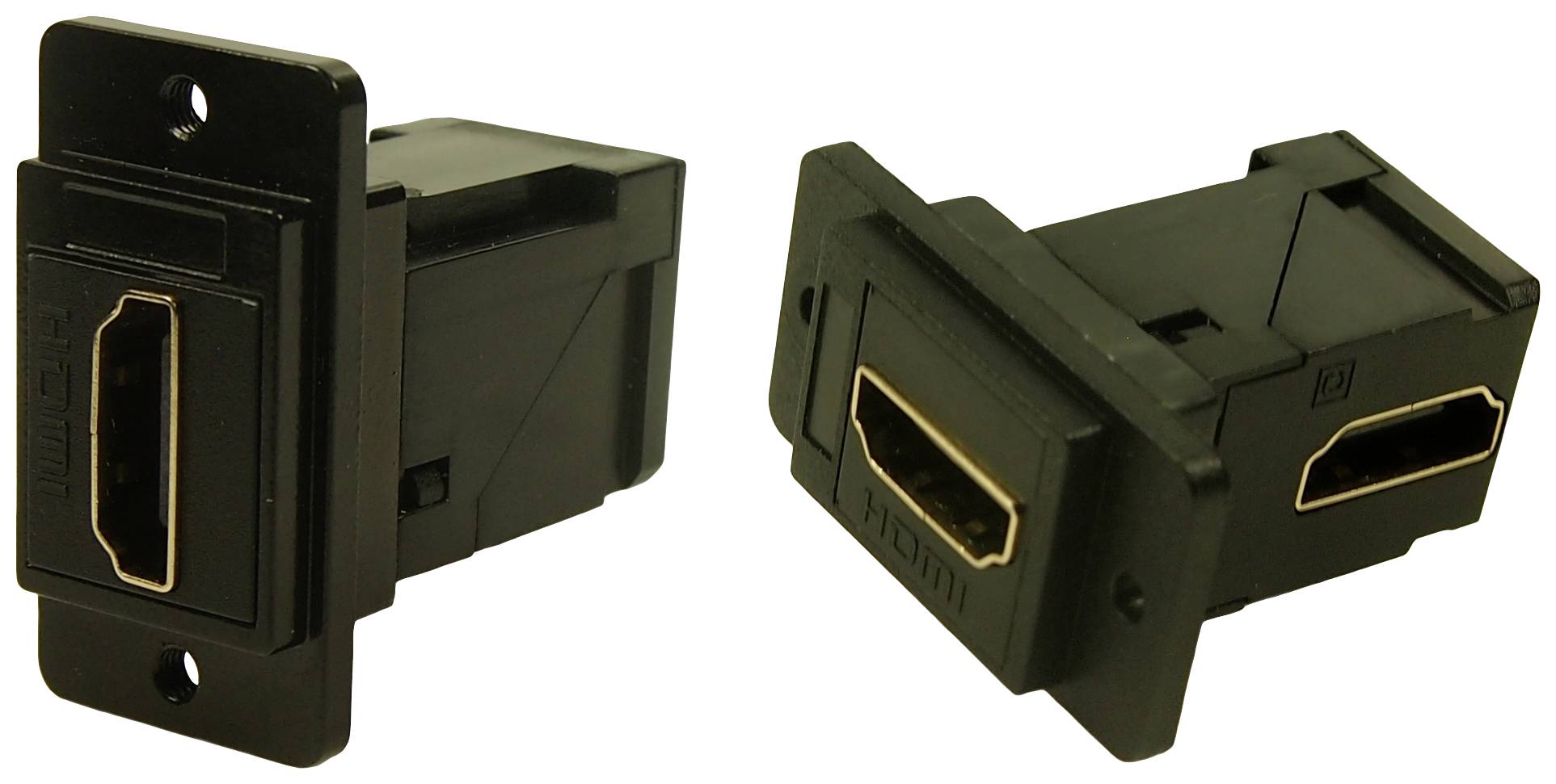 Two black HDMI pass-through adapters with a rectangular shape and gold-plated connectors, which are used to connect HDMI cables.