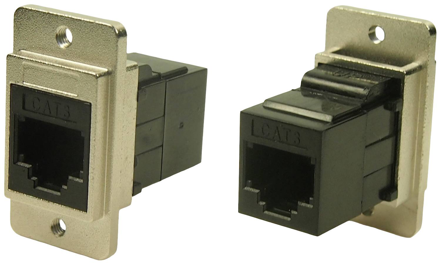 Two black RJ45 network sockets in a metal frame, side by side, showing the front face with the connections.